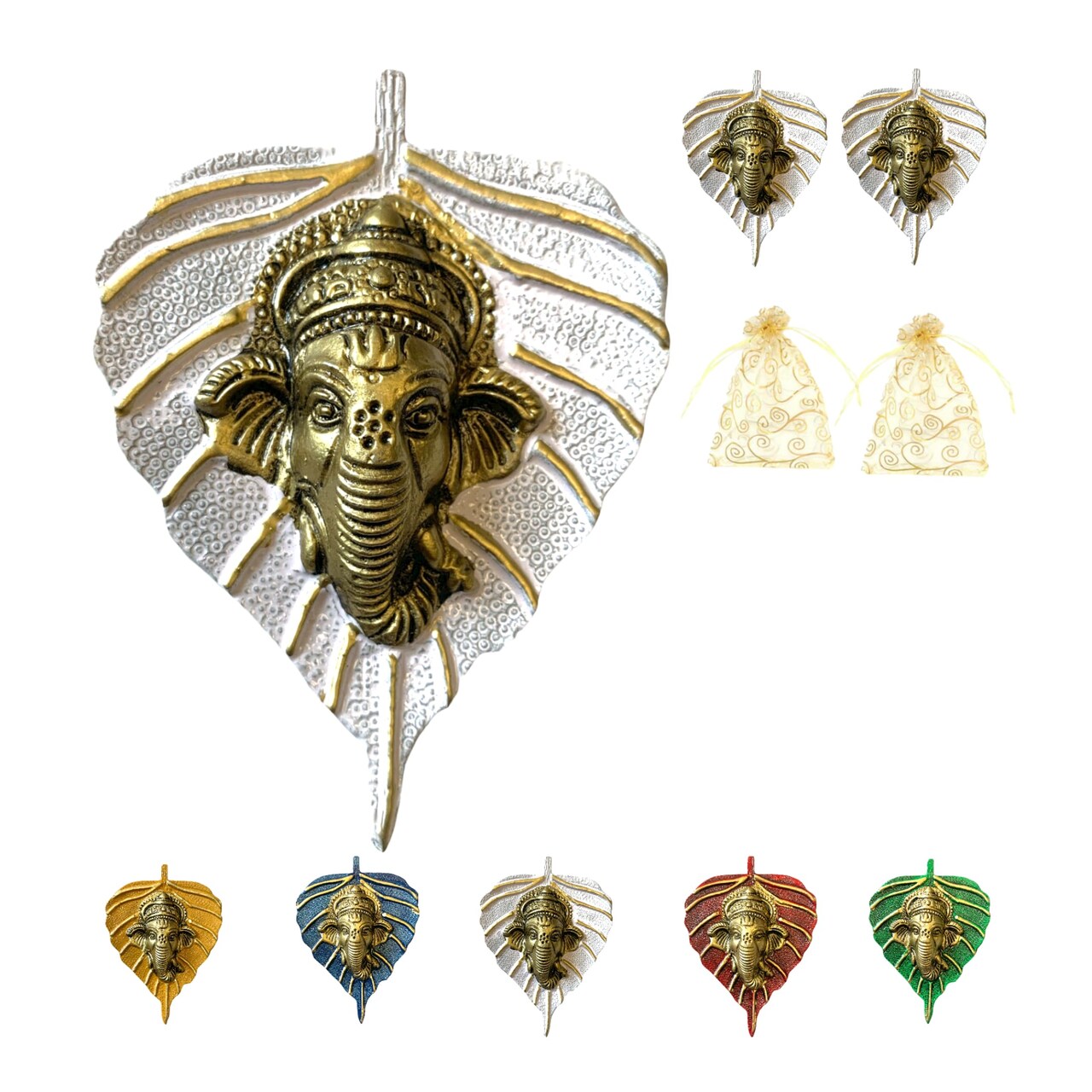 Metal Leaf Ganesha Diwali Decor Wall Hanging for Home & Office Housewarming Return Gift Pooja Favor Ganesha Decorative Wall Hanging Showpiece Pack of 1/2/5/25 Pcs